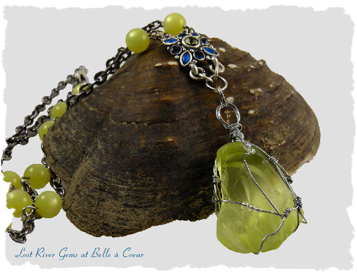 Wire Wrapped Sea Glass Pendant Necklace with Moonglow Beads Yellow Blue OOAK