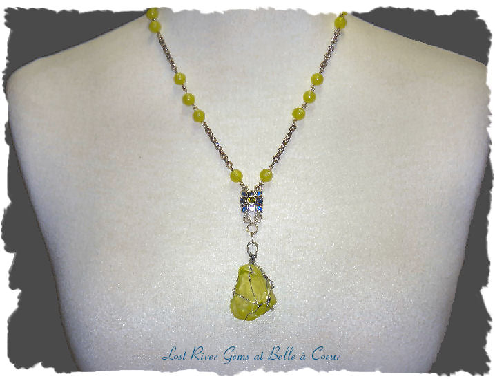 Wire Wrapped Sea Glass Pendant Necklace with Moonglow Beads Yellow Blue OOAK