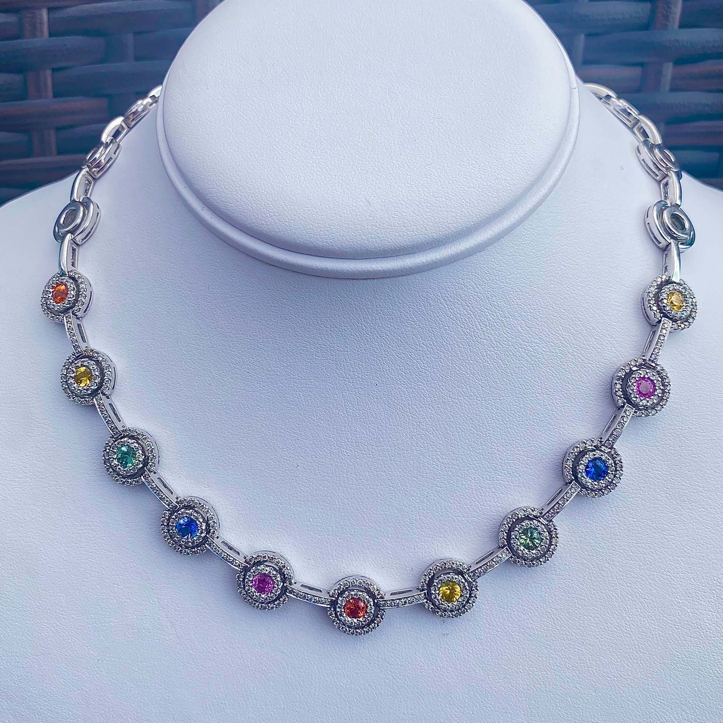 Estate Fancy colored Sapphire and diamond necklace in 14k white gold