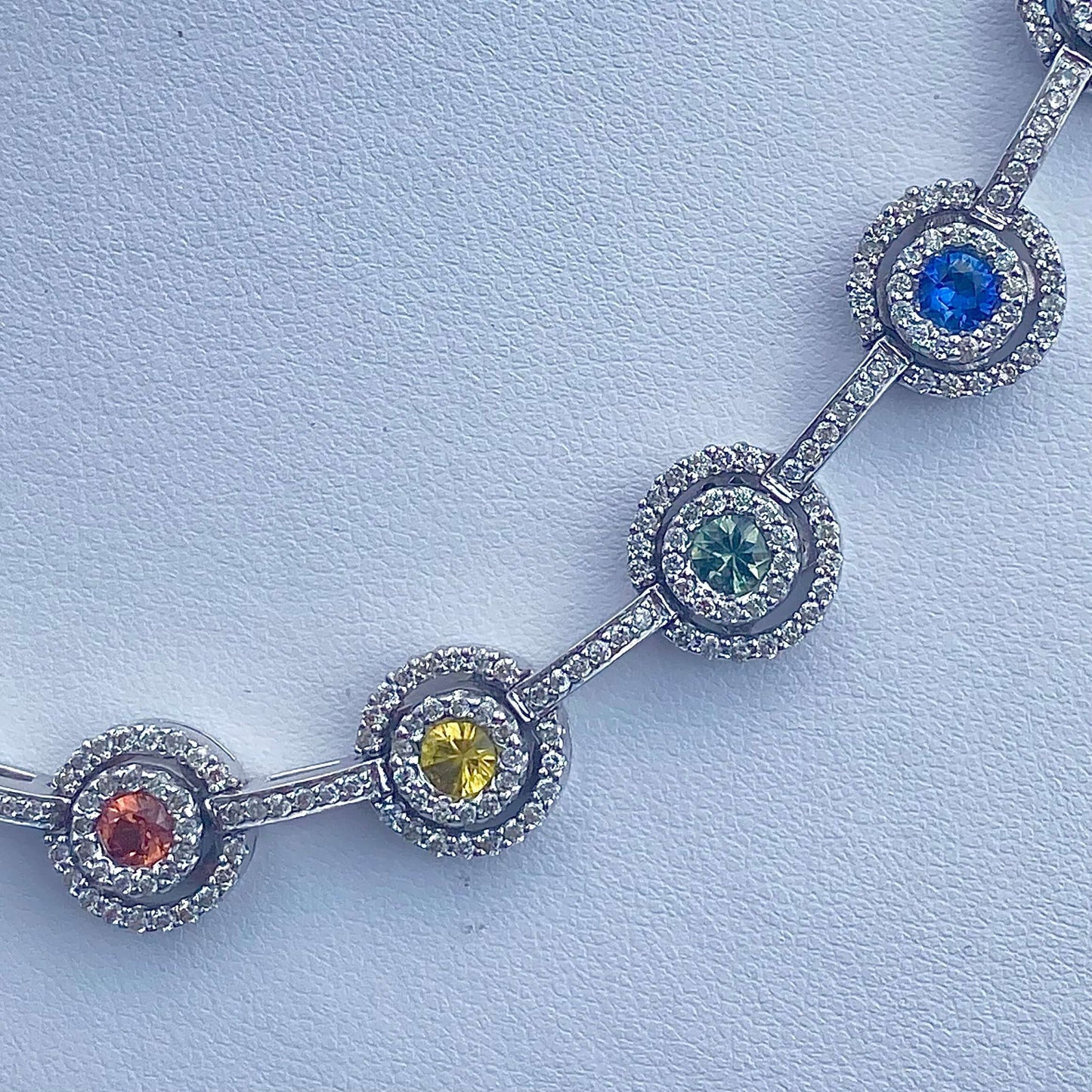 Estate Fancy colored Sapphire and diamond necklace in 14k white gold