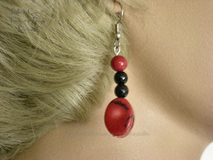 Bright Crimson Red and Black Dangle Earrings