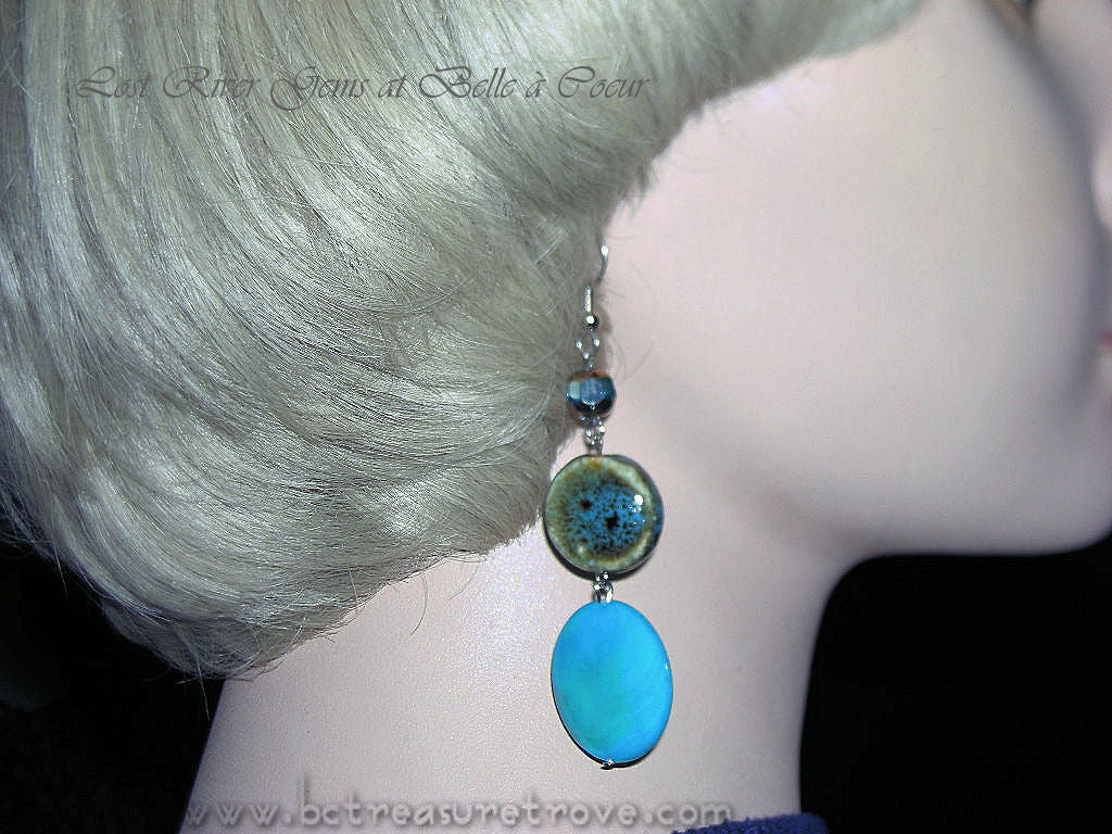Long Dangle Handmade Artisan Earrings Turquoise Shell Ceramic Glass