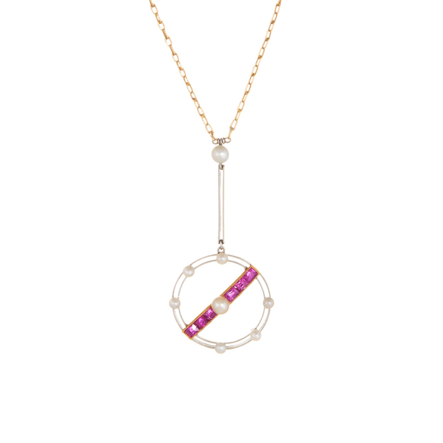 Antique Deco Calibre Ruby Pearl Pendant Necklace Vintage 18k Gold Platinum Fine