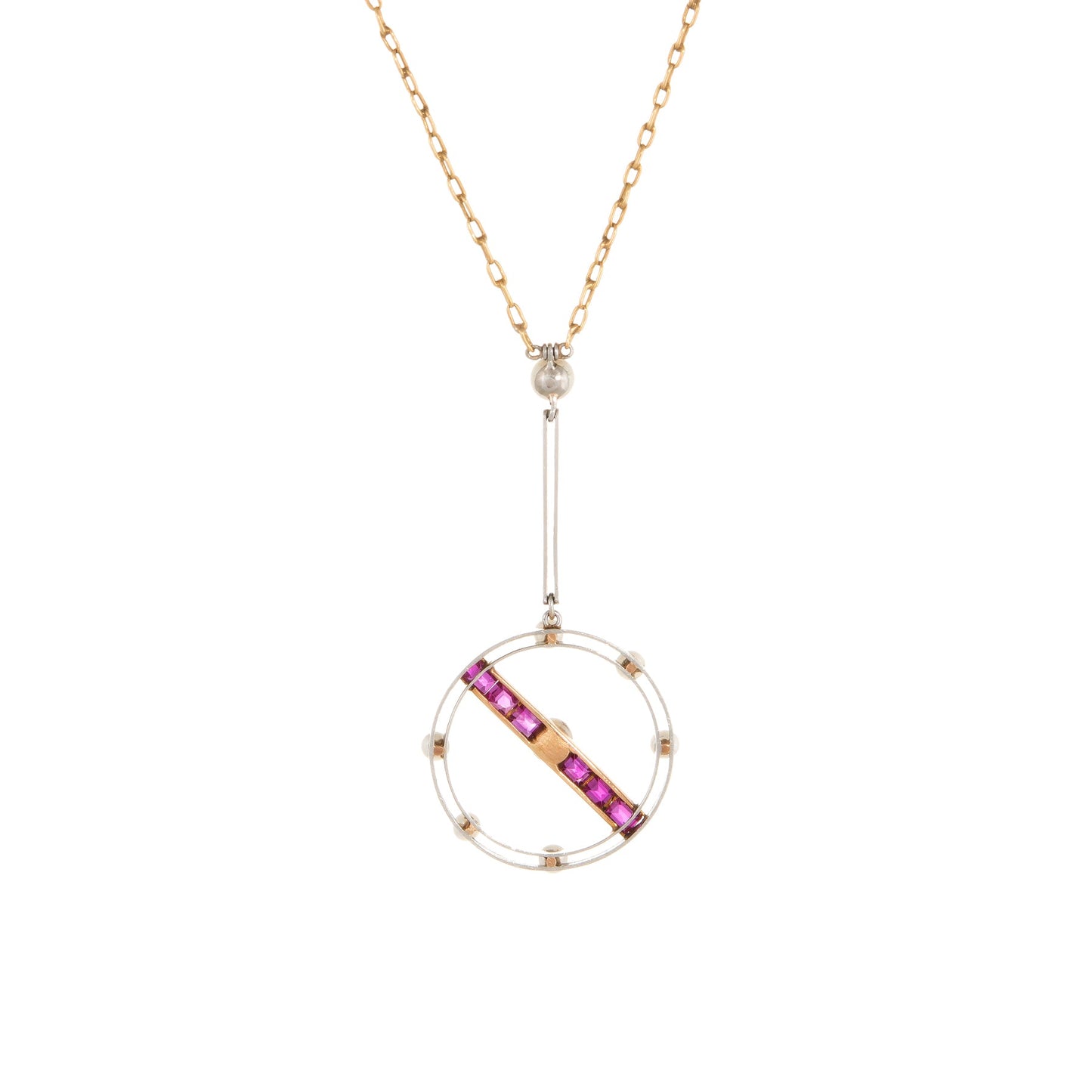 Antique Deco Calibre Ruby Pearl Pendant Necklace Vintage 18k Gold Platinum Fine