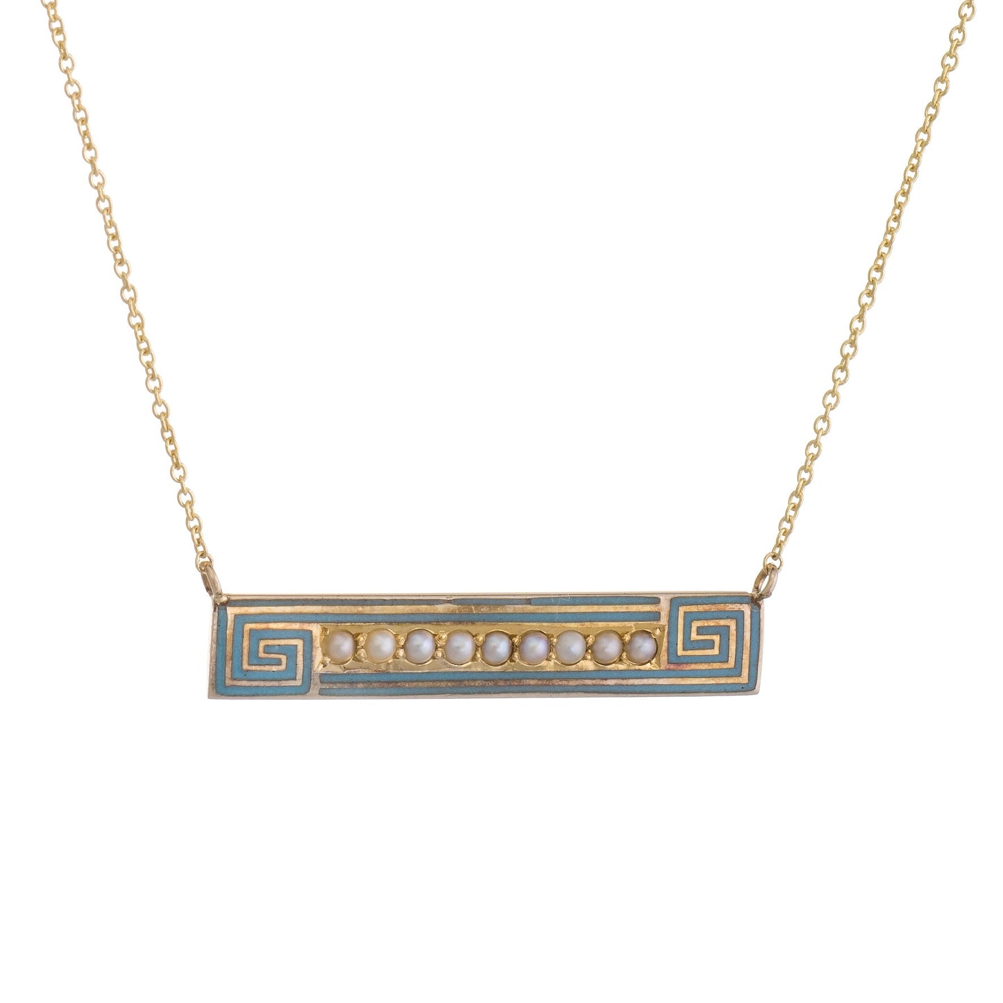 Antique Deco Bar Necklace Enamel Greek Key Pearl 10k Gold Conversion Jewelry 17