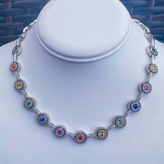Estate Fancy colored Sapphire and diamond necklace  in 14k white gold