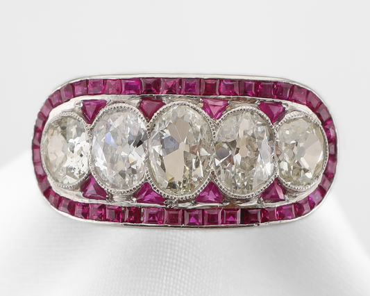 Art Deco 5-Stone Diamond Ring with Ruby Halo