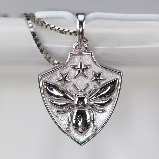 50% OFF!  Bee shield necklaces in your choice of 14k yellow or white gold