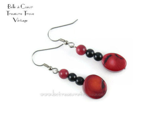 Bright Crimson Red and Black Dangle Earrings