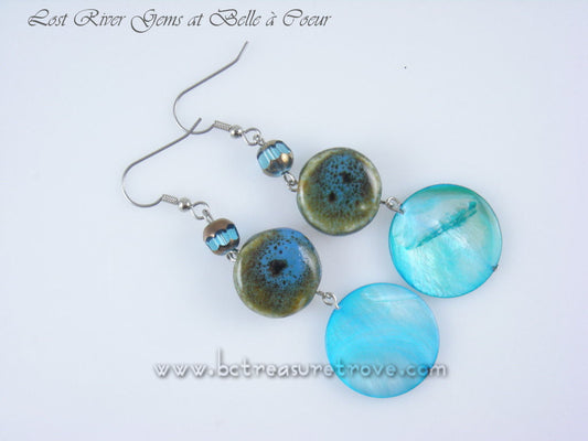 Long Dangle Handmade Artisan Earrings Turquoise Shell Ceramic Glass