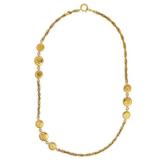 70s Chanel Vintage Medallion Necklace Long 36 Yellow Gold Tone Coco Silhouette