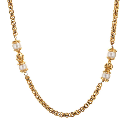 80s Chanel Vintage Necklace Faux White Pearls Long 35 Chain Link