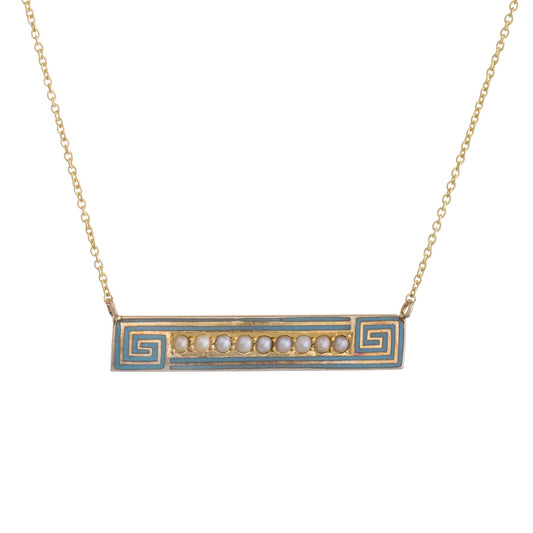 Antique Deco Bar Necklace Enamel Greek Key Pearl 10k Gold Conversion Jewelry 17