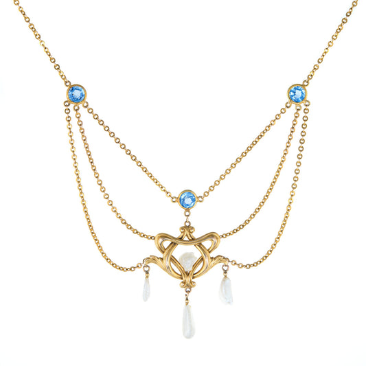 Antique Art Nouveau Drop Necklace Blue Sapphire Pearls 14k Yellow Gold Vintage