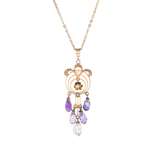 Antique Art Nouveau Drop Necklace Briolette Amethyst Diamond Pearls 10k Gold